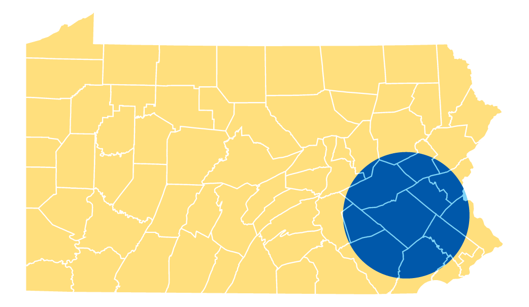 A map of Pennsylvania with a highlighted area around Berks County and the surrounding counties in a 30-mile radius.